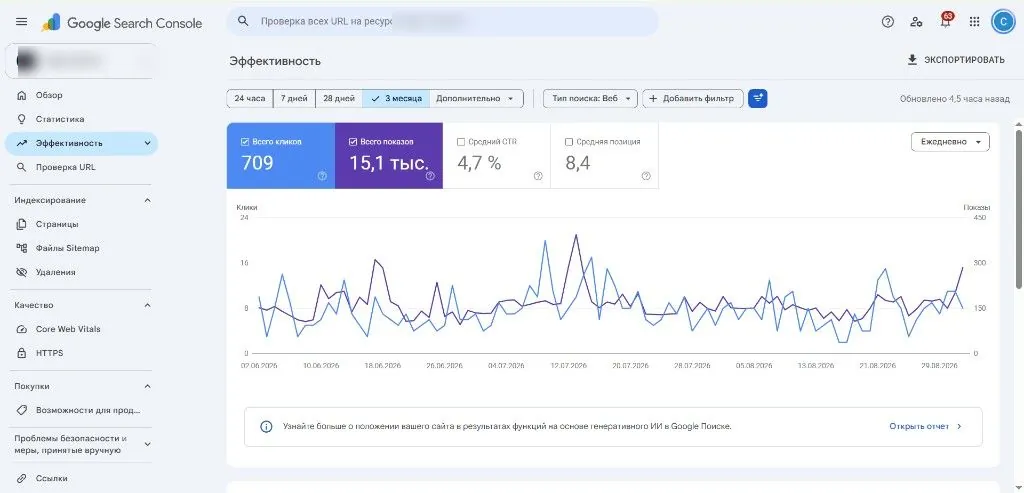 Скриншот Google Search Console с обезличенным адресом сайта и графиком эффективности