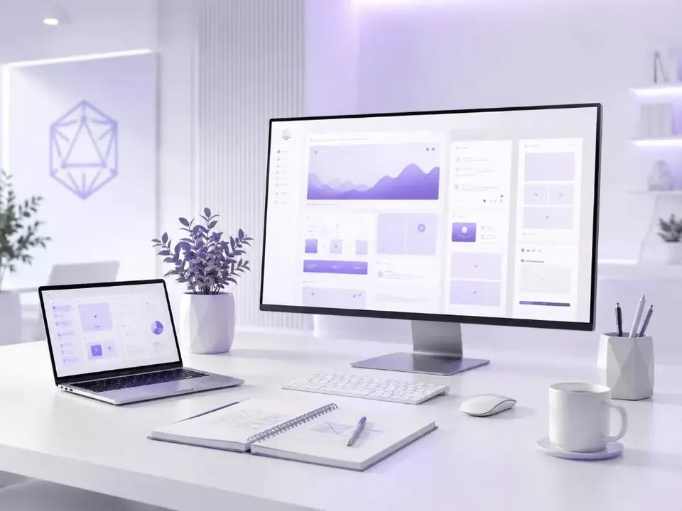 Рабочее место digital-команды Raskrutov: монитор и ноутбук с интерфейсом разработки